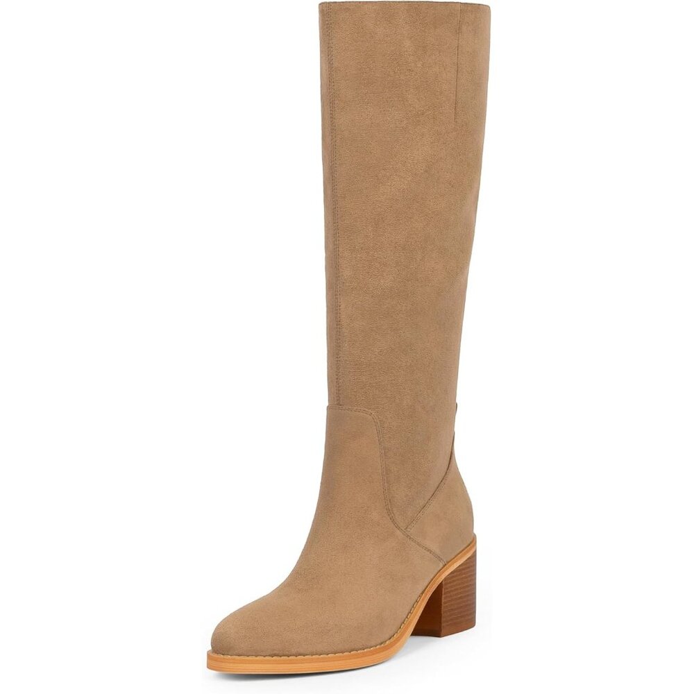 Women's Suede Tan Chunky Heel Rounded Toe Tall Knee High Heel Fall Long Boots